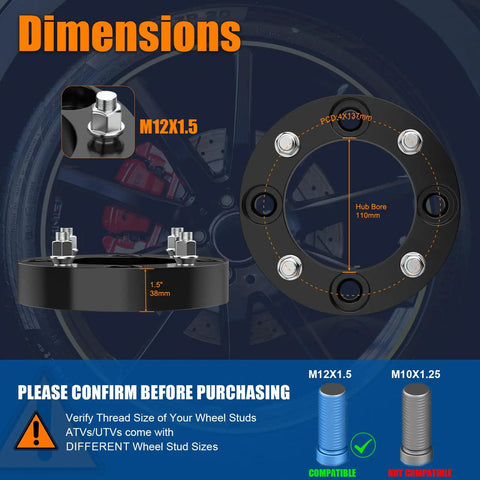 Dimensions of ATV Wheel Spacers 4x137 1.5 Inch Thick 38mm Black 4 Lug 12x1.5 Studs Fit Can Am Maverick Honda 110mm Hub Bore