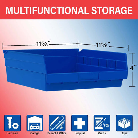 Blue multifunctional plastic storage bin with dimensions 11 5/8 inches by 11 5/8 inches by 4 inches for various uses.
