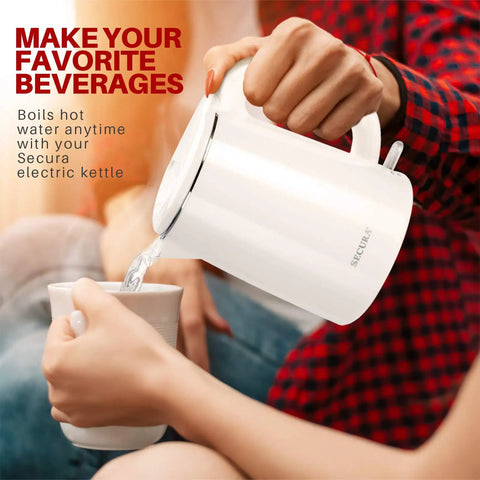 Person pouring hot water from a white electric kettle into a cup, suitable for teas and coffees.