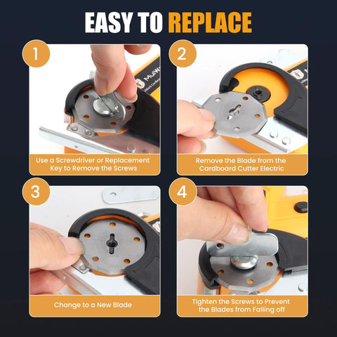 Step-by-step image guide for replacing blades on the Mulwark 4.2V Electric Scissors Cordless Box Cutter With Led Display.