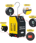 Hella Fast Automotive Smoke Leak Detector With Slick Built In Air Pump Pumps Out Heavy Vapor Under 10 Seconds, showing key features with indicator lights.