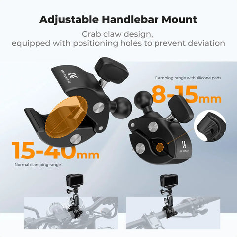 Super Clamp Camera Mount With 360 Degree Dual Ball Head for handlebars, adjustable crab claw design, sizes 8-40mm