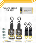Contents of Retractable Ratchet Straps 2 Pack 1 7/8 Inch By 4 Foot Heavy Duty Transom Tie Downs With Extension Straps, bolts, and S hooks.