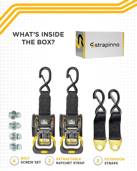 Contents of Retractable Ratchet Straps 2 Pack 1 7/8 Inch By 4 Foot Heavy Duty Transom Tie Downs With Extension Straps, bolts, and S hooks.