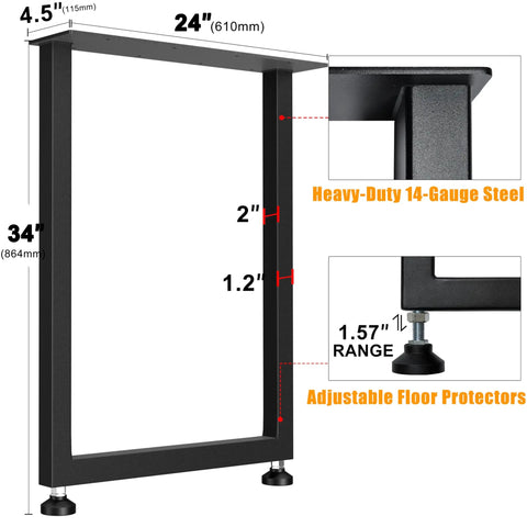 Heavy Duty 14 Gauge Steel Counter Height Table Legs with dimensions and adjustable floor protectors, ideal for kitchen islands.