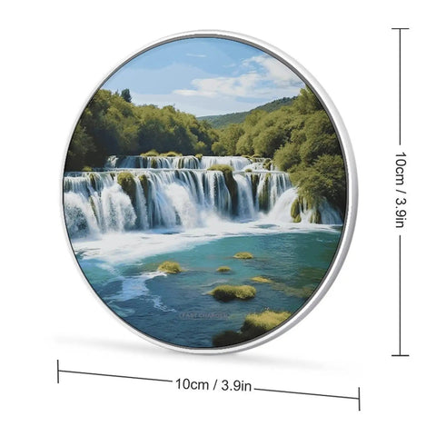 Krka River Waterfall Inspired Wireless Charger Pad 10W Fast Charge Slim Portable Charging Station showing waterfall print