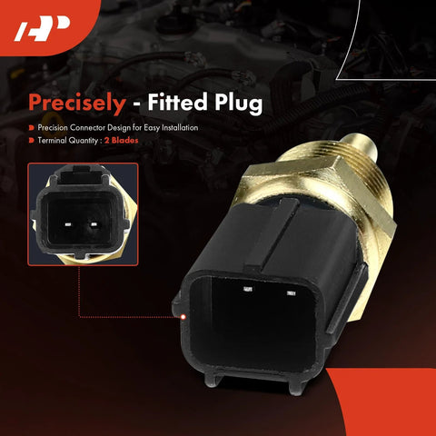 Engine coolant temperature sensor with brass threaded body and black 2-pin plug; inset connector close-up.