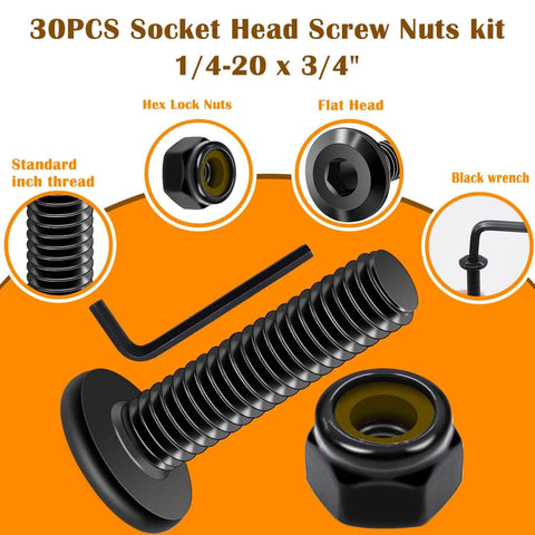 30 Piece Set Of 1/4-20 X 3/4 Inch Flat Head Socket Head Screws In 304 Stainless Steel With Spare Nylon Lock Nuts And Hex Spanner