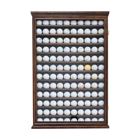 Front view of Roomy 120 Ball Golf Ball Display Case With UV Protection And Lockable Beech Wood Cabinet In Walnut Finish.