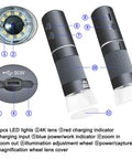 4K WiFi USB Digital Handheld Microscope With Metal Stand 50 to 1000x Magnification Portable USB Scope for Kids and Students Explore Coins Circuits Jewelry Skin Insects and More Ideal for Learning and DIY Projects, close-up with LED lens and controls