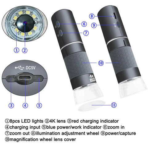 4K WiFi USB Digital Handheld Microscope With Metal Stand 50 to 1000x Magnification Portable USB Scope for Kids and Students Explore Coins Circuits Jewelry Skin Insects and More Ideal for Learning and DIY Projects, close-up with LED lens and controls