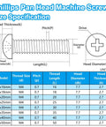 Phillips Pan Head Machine Screws Size Specification with dimensions for Rock Solid 20 Pack M4 X 35mm Pan Head Machine Screws Crafted From Top Shelf 304 Stainless Steel.