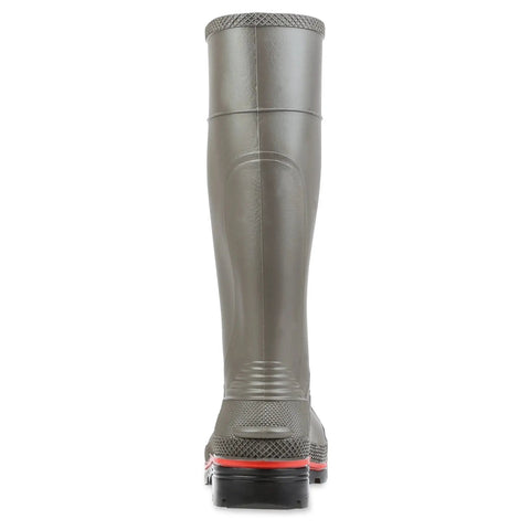 Rugged 15 Inch PVC Work Boots For Men With Top Shelf Chemical Resistance And Totally Drip Proof Waterproof Build Featuring Soft Toe Protection Removable Contour Cushion Insole For All Day Grind Ready Comfort Gray Red Black