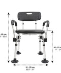 Shower Chair For Elderly And Disability Bath Safety That Feels Comfy Height Adjustable Non Slip Tips Removable Armrests Tool Free Assembly Black Comfort Seat For Safe Showers, front view with measurements.
