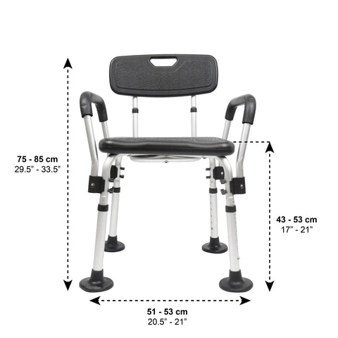 Shower Chair For Elderly And Disability Bath Safety That Feels Comfy Height Adjustable Non Slip Tips Removable Armrests Tool Free Assembly Black Comfort Seat For Safe Showers, front view with measurements.