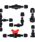 Irrigation fittings kit, 16-piece, 1/2-inch tubing; black plastic barbed connectors, elbows, tees and adapters