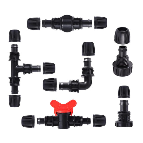 Irrigation fittings kit, 16-piece, 1/2-inch tubing; black plastic barbed connectors, elbows, tees and adapters
