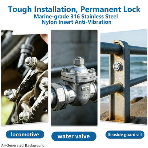 Heavy Duty Nylon Insert Lock Nuts 316 Stainless Steel Marine Grade Boat Hardware for water valve application.