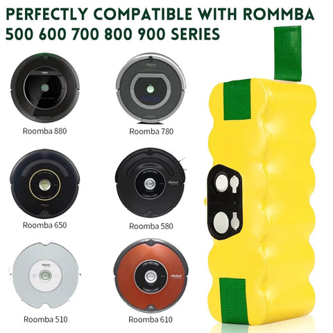 Roomba Replacement Battery 14.4V 4500mAh NiMH High Capacity Battery for Roomba 500 600 700 800 900 Series Robots next to compatible roombas