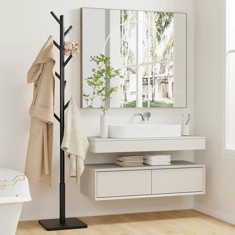Freestanding Coat Rack With Stable Square Base 8 Hooks And 3 Adjustable Heights for bedroom or entryway in bathroom setting