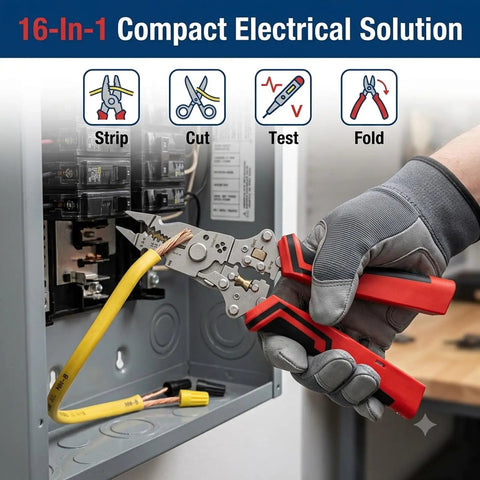 Using 16 In 1 Wire Stripper Twister Pliers With Built In Voltage Tester on electrical panel, showcasing stripping function