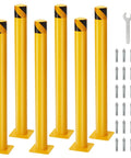 Tough As Nails Six Pack Forty Eight Inch Safety Bollard Posts Featuring Four Point Five Inch Steel Pipe Diameter No Sweat Bolt Down Design Bright Yellow High Visibility Vehicle Shields For Garage And Sidewalk Barriers with installation hardware.