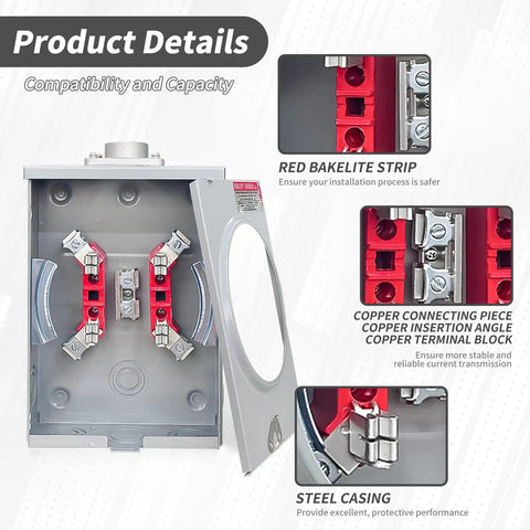 Heavy Duty 125 Amp Meter Socket 4 Jaw Base 600V One Phase Three Wire Ringless Gear With Horn Bypass Cover Plate Electric Meter Box interior showing red connections and steel casing.