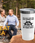 White Edition 20oz Tumbler Nautical Theme For Ocean Lovers displaying wheel design text beside smiling couple outdoors