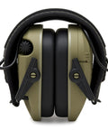 Razor Slim Patriot Series Ear Muffs with ultra low profile hearing protection and sound amplification in olive drab green, folded view.