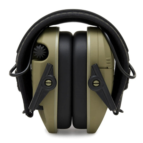 Razor Slim Patriot Series Ear Muffs with ultra low profile hearing protection and sound amplification in olive drab green, folded view.