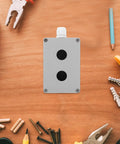 Aluminum Emergency Stop Button Control Box With Two Holes Cast Metal Push Button Switch Station Industrial Electronic Switch Enclosure For Safety Applications Heavy Duty Control Box For Machinery, white two-hole box