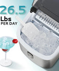 Front-angle view of silver EUHOMY countertop ice maker with carry handle, ice basket and scoop