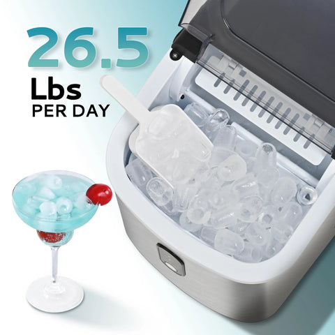 Front-angle view of silver EUHOMY countertop ice maker with carry handle, ice basket and scoop