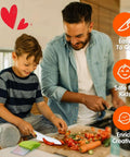 Doiaz Kidz Safe Knife Set for Toddlers on a cutting board with vegetables; adult and child cooking in a kitchen