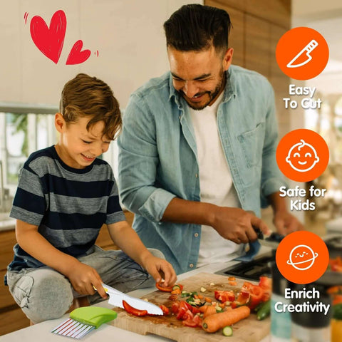 Doiaz Kidz Safe Knife Set for Toddlers on a cutting board with vegetables; adult and child cooking in a kitchen