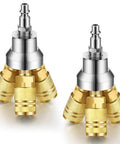 Two Pack 3 Way Air Manifold Hose Splitter Kit With Three Steel Industrial Couplers And Quarter Inch NPT Plug For Compressors Brass Color