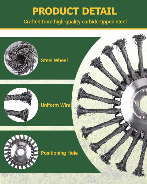 Product detail of 8 inch steel wire trimmer head showing steel wheel, uniform wire, and positioning hole
