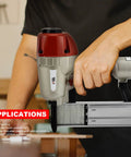 Person using Powerhouse Heavy Duty 14 Gauge Concrete Nailer T Nail Gun for furniture assembly