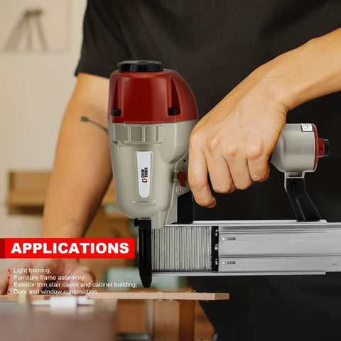 Person using Powerhouse Heavy Duty 14 Gauge Concrete Nailer T Nail Gun for furniture assembly