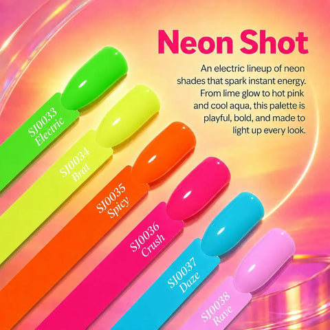Six Color Neon Gel Nail Polish Set 15ml HEMA Free Soak Off UV LED Kit with shade samples on gradient background