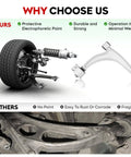 Front lower control arm kit suspension with ball joints and tie rods; front diagram and installed arm on vehicle