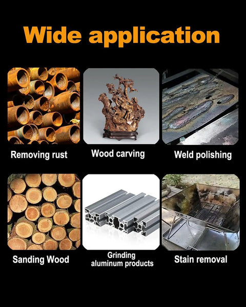 Image showing wide application of the 300 Pack Pen Style Wire Brush Set For Rotary Tools, including rust removal and stain removal.