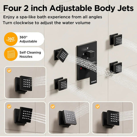 Straight Up Premium Matte Black Shower System With Ceiling Rainfall Head And Handheld Sprayer Plus Four Body Jets Built Tough For Smooth Water Flow And Real Spa Vibes Everywhere