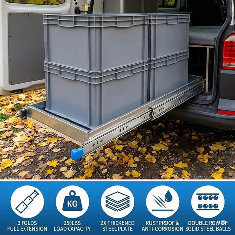 Beefed Up Heavy Duty Full Extension Drawer Slides Set for Cabinets and RVs Side Mount Ball Bearing showing 3-fold extension