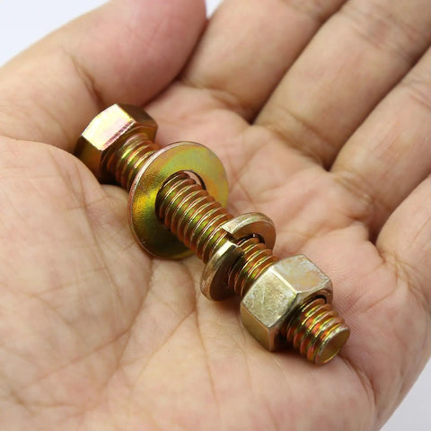 Grade 8 hex bolt and nut with flat washer in hand, part of 236 Piece Grade 8 Hex Bolt And Nut Assortment Kit With Flat Washers Cast From Premium Alloy Steel Badass Heavy Duty Hardware Pack For Real World Fixes And Daily Garage Labor.