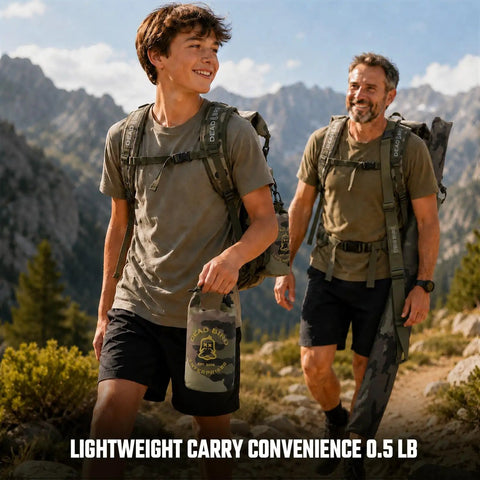 Father and son hiking with Waterproof 2L Camouflage Dry Bag With Roll Top Closure For Duck Hunting And Outdoor Fun Beach Boating