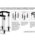 Illustration of Undermount Kitchen Sink Bracket With Space Saving Upright Support and Installation Steps