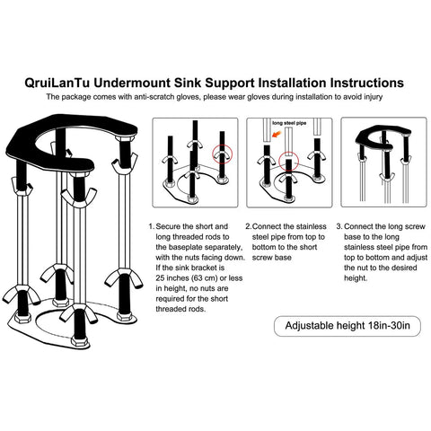 Illustration of Undermount Kitchen Sink Bracket With Space Saving Upright Support and Installation Steps