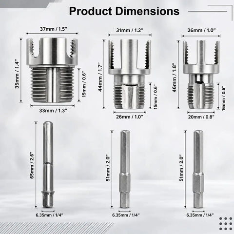 Dimensions of 3 In 1 PVC Pipe Threader Kit With Dual Internal And External Threading Drill Powered Easy Cut Tool Set For 1/2 3/4 And 1 Inch Pipes.