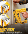 Cordless 3 In 1 Brad Nailer And Narrow Crown Stapler Compatible With Dewalt 20V Battery Platform with safety features in use.